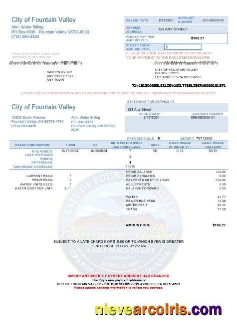 USA California City of Fountain Valley business utility bill
